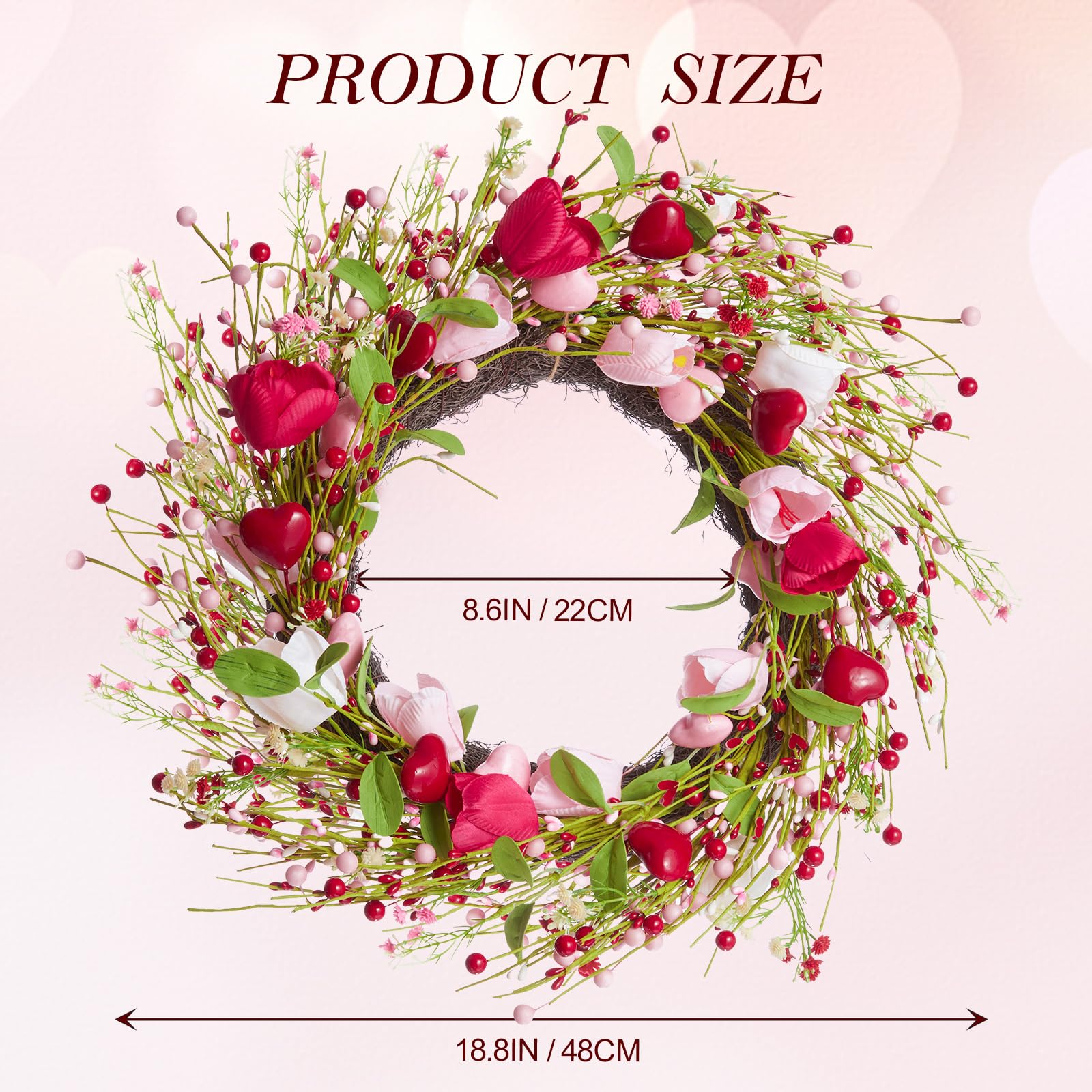 WDS WONDROUS 18.8 Inch Valentine's Day Wreath, Red Pink White Tulip Heart Wreath for Front Door Decor, Spring Wedding Anniversary Party Decoration