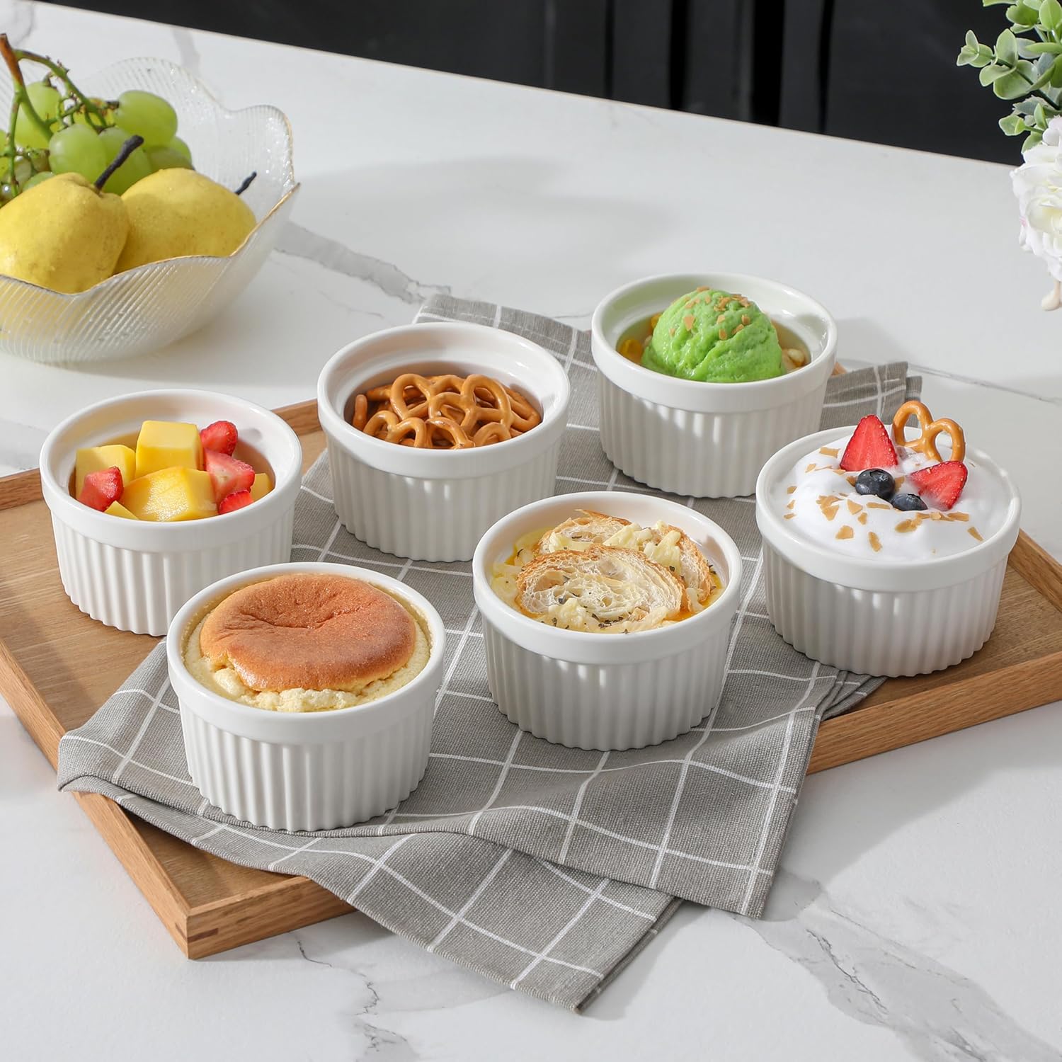 MALACASA Ramekins - 8 oz Oven Safe Porcelain Baking Cups | Set of 6 White Creme Brulee Dishes