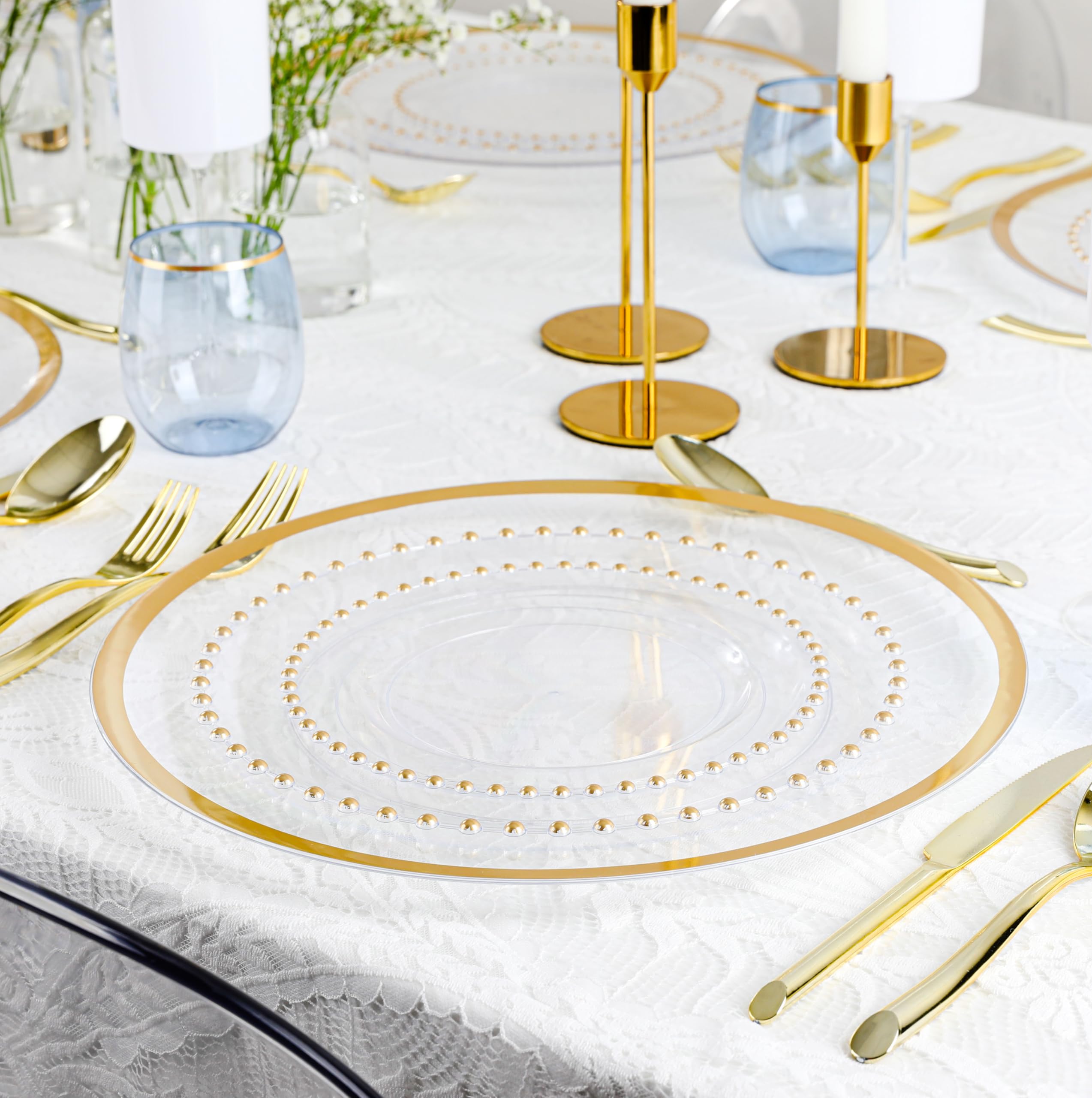 PLASTICPRO 32 Piece Combo Plastic Dinner Plates Disposable Plastic Fancy Heavy Duty Party Dishes 7 inch and 10 inch, Clear and Gold Beaded