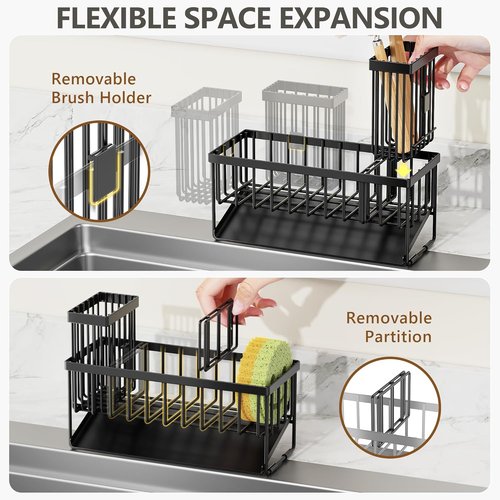 Cisily Dish Soap Dispenser Set - 2 Pack Black Glass Bottles with Adjustable Sponge Holder | 16.9oz
