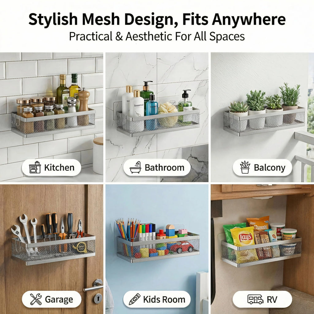 PUSDON Mesh Shower Caddy Wall Mount, Heavy Duty Adhesive Bathroom Shelf Organizer, Rustproof Floating Spice Rack for Kitchen Pantry, Holds 50 LBS, Multi-Purpose Storage Silver Gray -2 Packs (Netting)