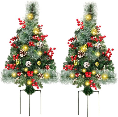 Juegoal Pre-Lit Pathway Christmas Trees - 30 Inch Artificial Urn Filler with 60 LED Lights, Red Berries & Pine Cones