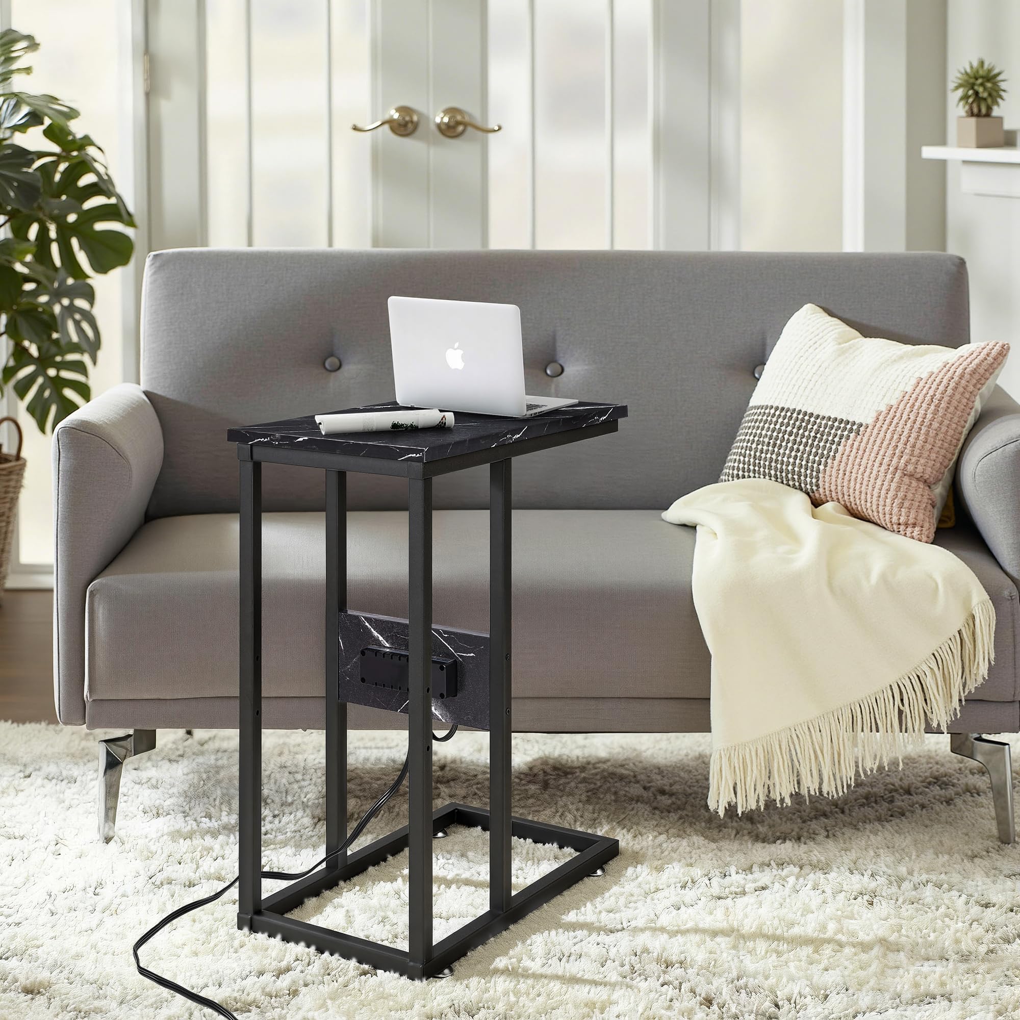 VECELO C-Shaped End Side Table with Charging Station & 2 USB Ports and Outlets for Living Room, Bedroom, with Adjustable Feet for Couch Sofa, Bedside, Small Spaces， Black Marble