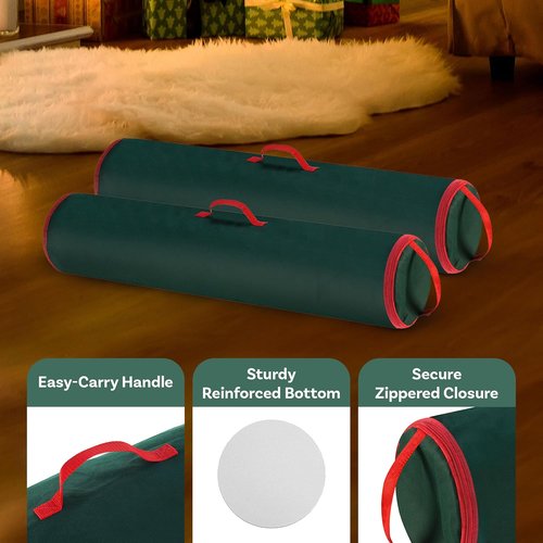 Elf Stor Wrapping Paper Storage Bags - Durable Zippered Canvas Totes for 40-Inch Rolls | Set of 2 (Green)