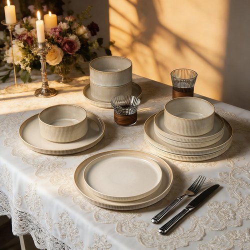 ALOFMO Stoneware Dinnerware Sets, Plates and Bowls Sets for 4, 12-Piece Ribbed Dishes – Chip & Scratch Resistant, Microwave and Dishwasher Safe Tableware, Beige