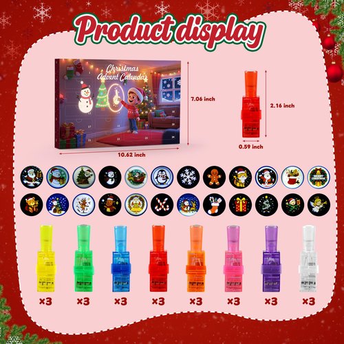Christmas Advent Calendar with 24 pcs Different Xmas Themed LED Novelty Finger Lights Gifts for Christmas Countdown Calendar Party Favors Toys Stocking Stuffers for Kids Boys Girls Toddlers