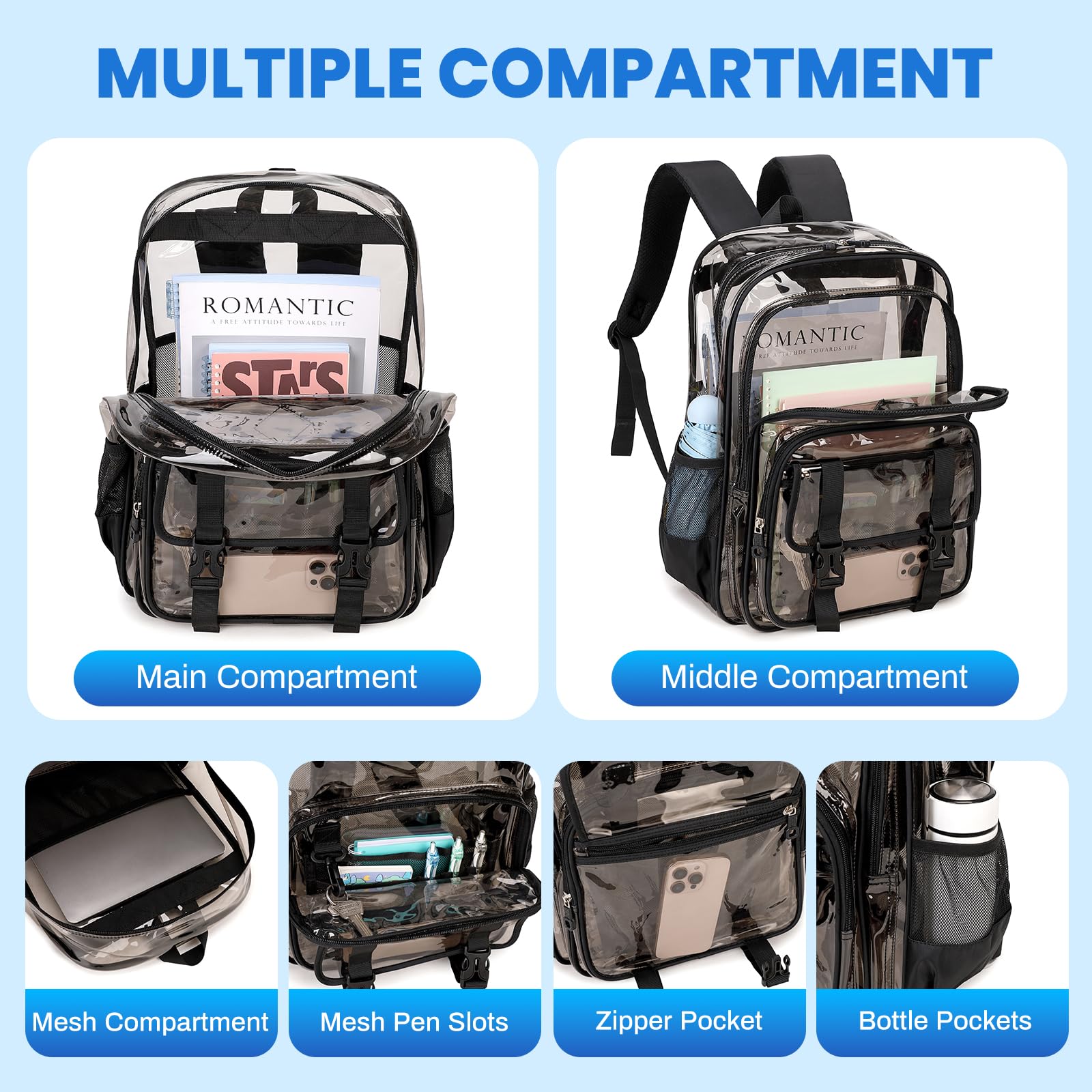 QIXIHU Large Clear Backpacks for School Heavy Duty Transparent Backpack for Stadium Event See through Bookbag for Kids Adult Thick PVC Back Pack, Semi-Black
