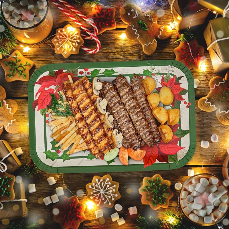 20 Count Christmas Poinsettia Paper Platters - 15 x 10.3 in Red/Green Heavy-Duty Disposable Trays (Variation: 20)