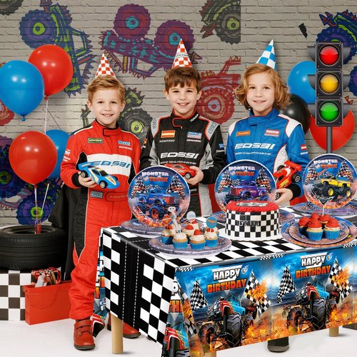 Monster Truck Birthday Decorations Kit - 97 Pcs Machines Jam Party Supplies for Boys Serves 24 Guests, Including Plates, Napkins, Forks & Tablecloth - Perfect for Monster Truck Themed Decor