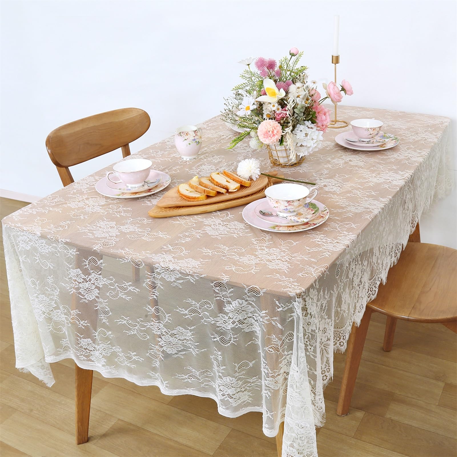 B-COOL Lace Tablecloth 5 Pack Ivory Wedding Table Cloth 60 x 120 Inch Rustic Table Overlay Sheer Tablecloths for Vintage Party Floral Bridal Shower Decorations