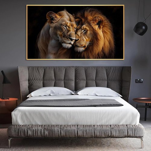 Lions Canvas Wall Art - Romantic Loving Lions Couple | African Wildlife Gold Framed (48"x27")