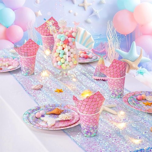 B-COOL Sequin Table Runner Iridescent Blue Table Runners 25x120inch 4 Packs Elegant Table Runners for Wedding Birthday Mermaid Party Ceremony