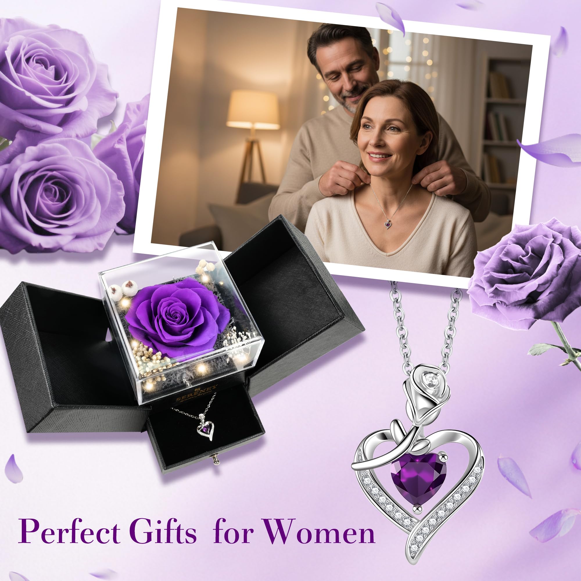 Sereney Preserved Purple Flower Rose with Necklace, Forever Flowers Eternal Rose with Purple Heart Jewelry Mothers Day Gifts for Women Mom Wife Grandma Friend as Christmas Birthday Gifts