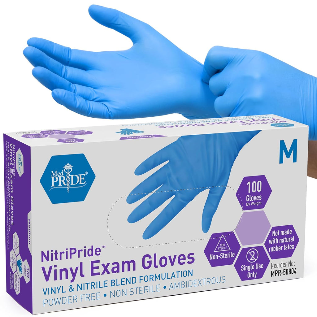 Med Pride Nitrile/Vinyl Blend Exam Gloves - Powder-Free & Latex-Free, Medium Blue (Box of 100)