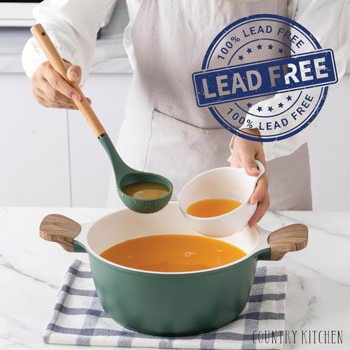 Country Kitchen Nonstick Pots and Pans Set - 14-Piece Cast Aluminum Cookware Set in Sage with Utensils