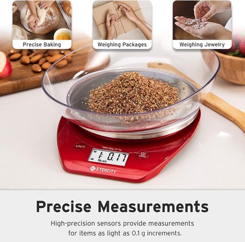 Etekcity Digital Food Kitchen Scale - Accurate 0.1g Measurement for Weight Loss & Cooking | 11lb/5kg, Stainless Steel Red
