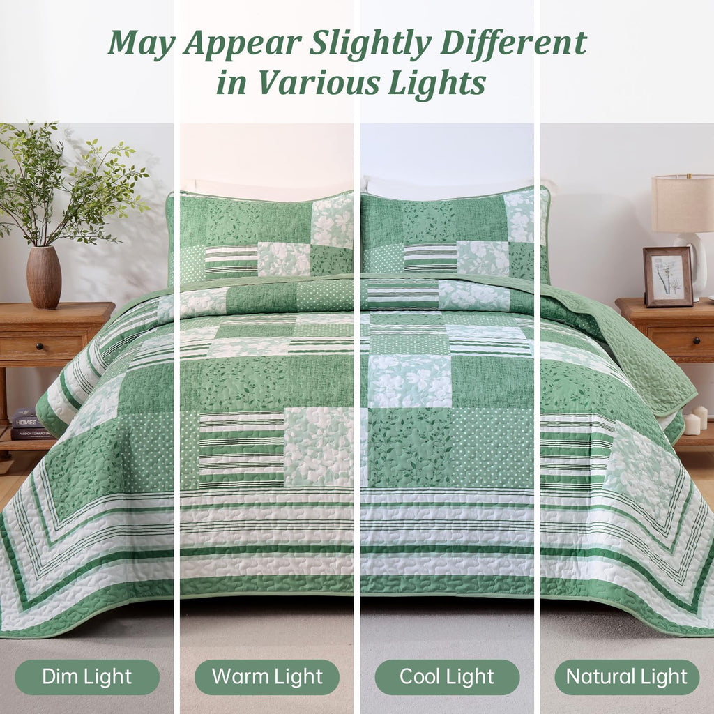 Drucon Green Patchwork Queen Quilt Bedding Set, Spring Summer Plaid Bedspreads, 3 Pieces Lightweight Soft Coverlet with 2 Pillow Shams for All Season 96x90 Inch