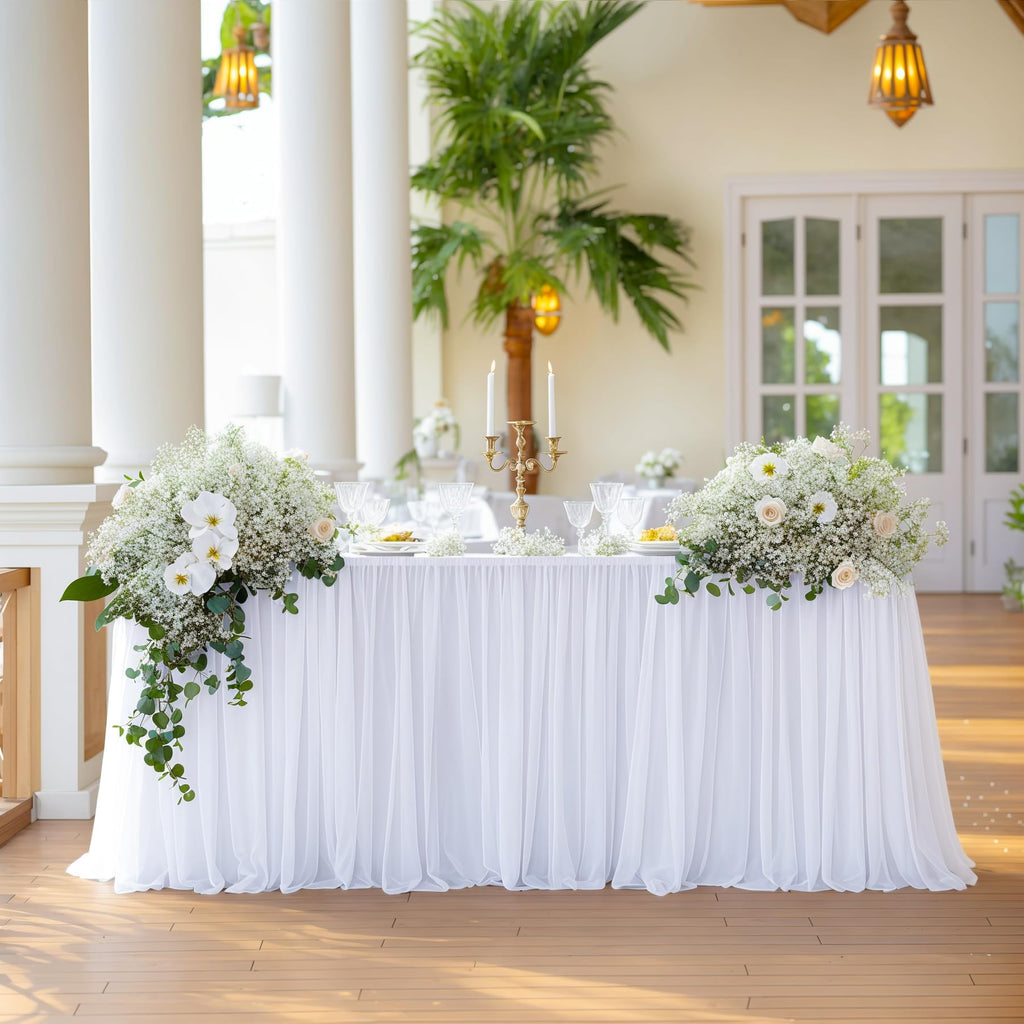 White Table Cloths 8 Foot Rectangle Stretch Ruffle Tulle Tablecloth Spandex Fitted Table Cover for 8 Foot Tables White Tulle Table Skirts Rectangle Tables 8ft Elastic Party Wedding Table Cloths 2Pack
