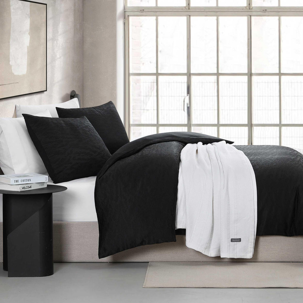 Vera Wang - Queen Duvet Cover Set, Soft Cotton Bedding with a Textured Weave Feel, Button Closure & Inner Corner Ties, 3 Piece Bed Set with Matching Pillowcases (Illusion Black)