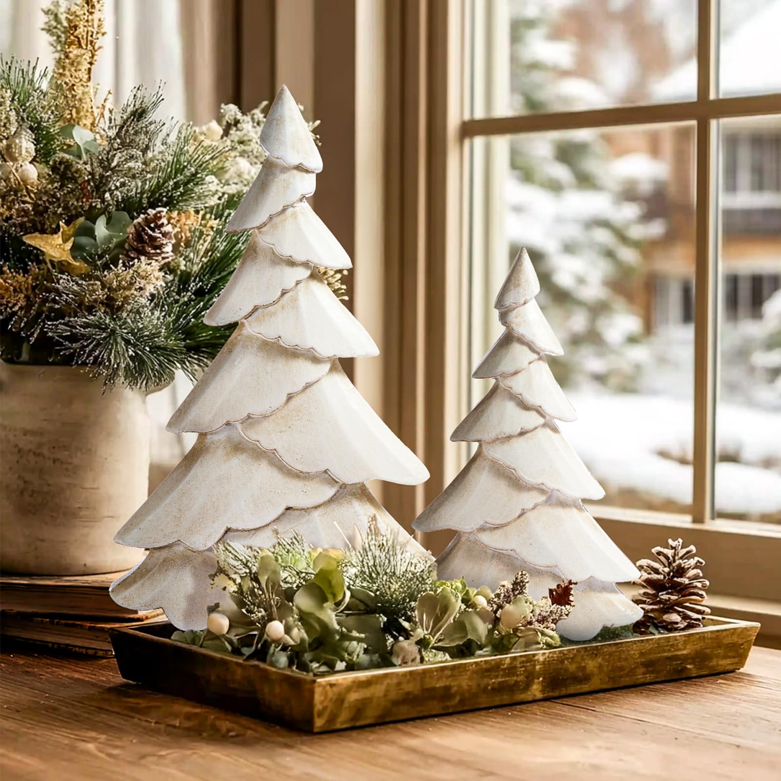 RM ROOMERS Wooden Christmas Tree Figurine Set of 2, White Tree Figurines, Decorative Trees for Tabletop, Distressed Decoration Trees for Desk, Mantel, Entryway, Winter, Holiday Centerpieces