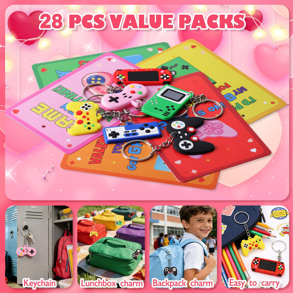 LIANORIST Valentines Day Cards for Kids School, 28 Pcs Video Game Keychains, Valentines Day Gifts for Kids Party Favors, Class Valentines Prizes Treasure Box Gifts Must Haves Treat Goodie Bag Stuffers