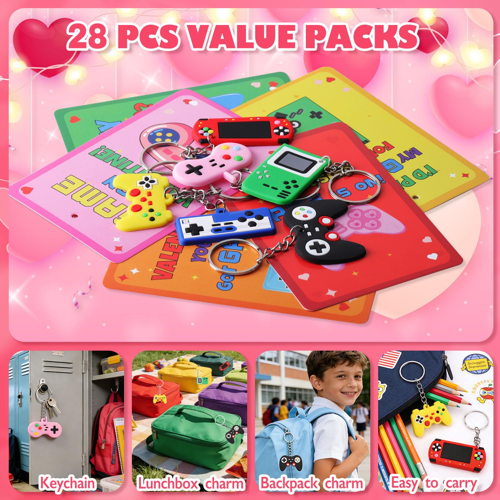 LIANORIST Valentines Day Cards for Kids School, 28 Pcs Video Game Keychains, Valentines Day Gifts for Kids Party Favors, Class Valentines Prizes Treasure Box Gifts Must Haves Treat Goodie Bag Stuffers