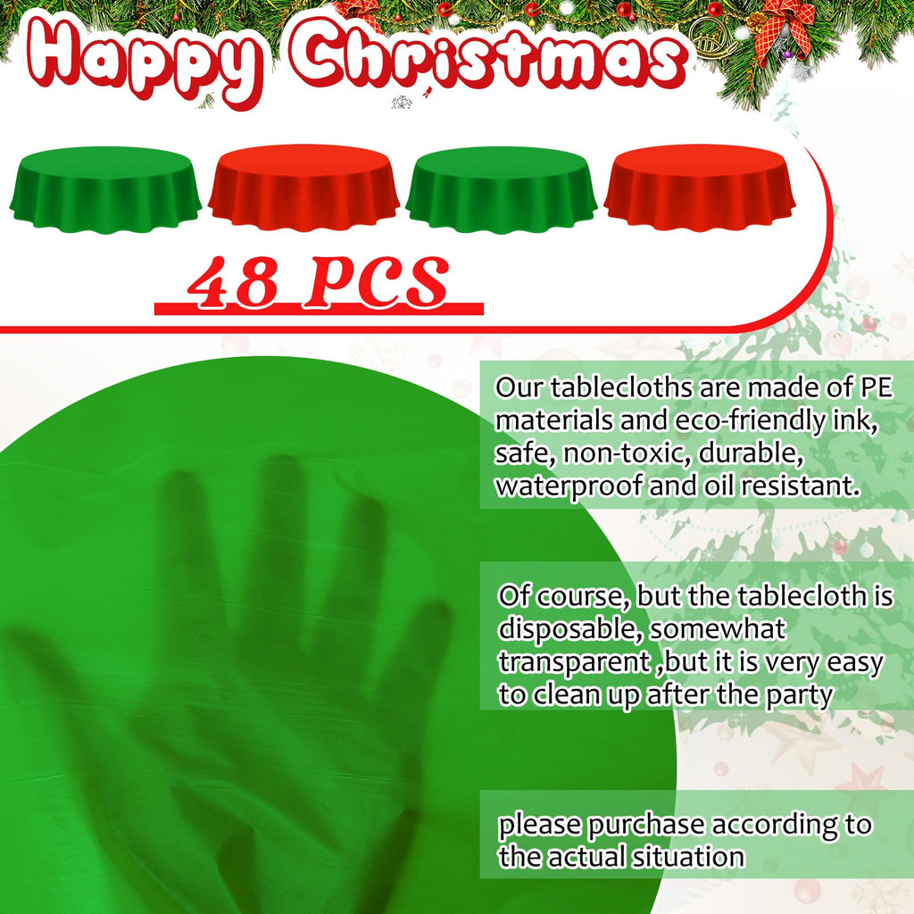 Amylove 48 Pcs Christmas Plastic Tablecloth 84 Inch Round Disposable Plastic Table Cloth Waterproof Decorative Table Cover for Parties Christmas Decor (Red,Green)