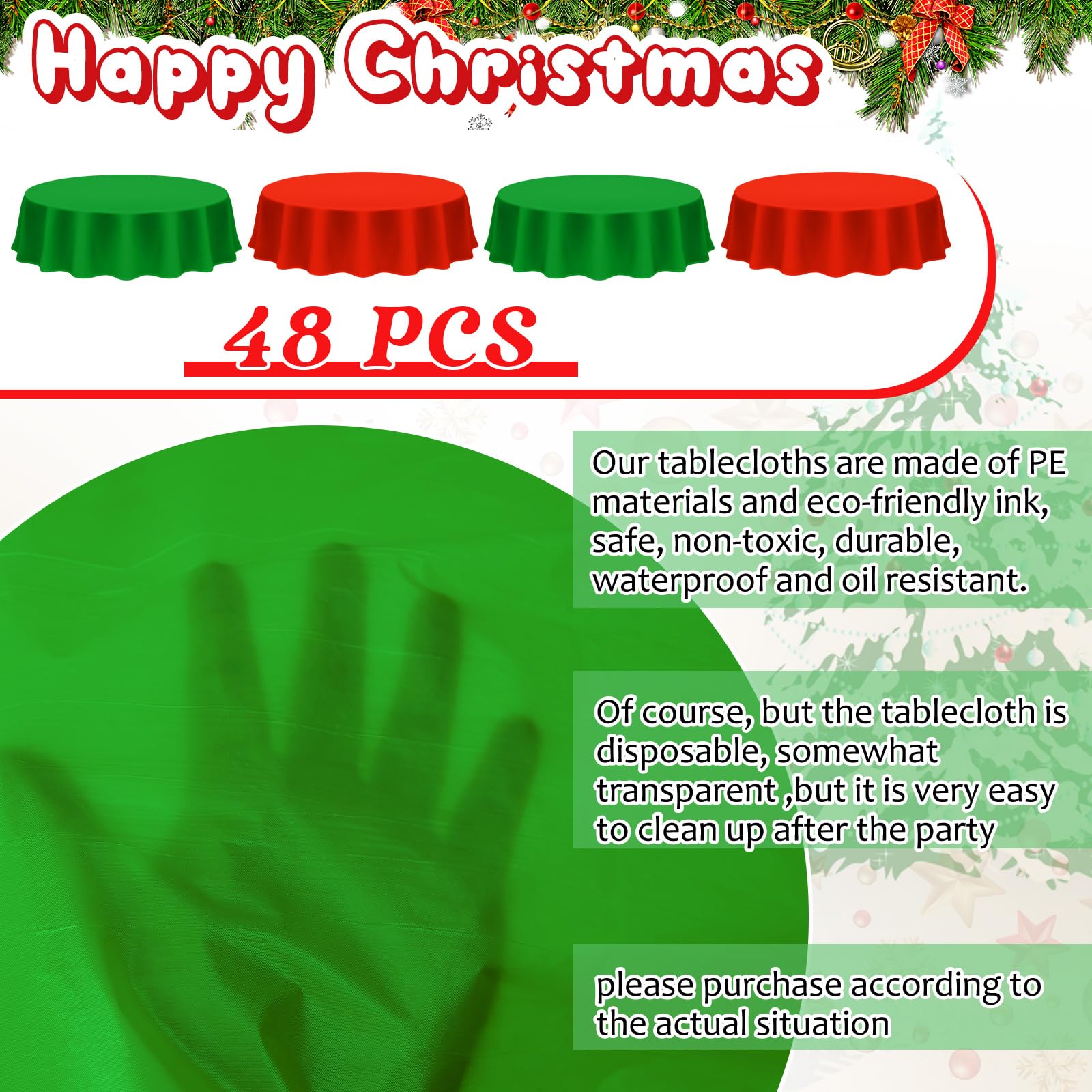 Amylove 48 Pcs Christmas Plastic Tablecloth 84 Inch Round Disposable Plastic Table Cloth Waterproof Decorative Table Cover for Parties Christmas Decor (Red,Green)