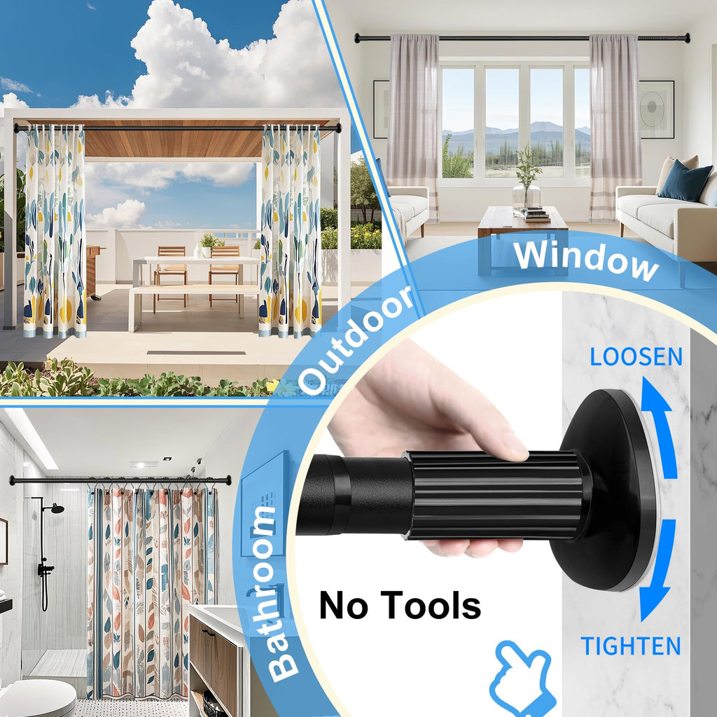 Tension Curtain Rod 51-126 Inch, Long Curtain Rod No Drilling for Window or Bathroom, Outdoor Curtain Rods for Patio Tension Rods, Easy to Install, Never Rust, Rod Diameter 1.26 Inches - Black