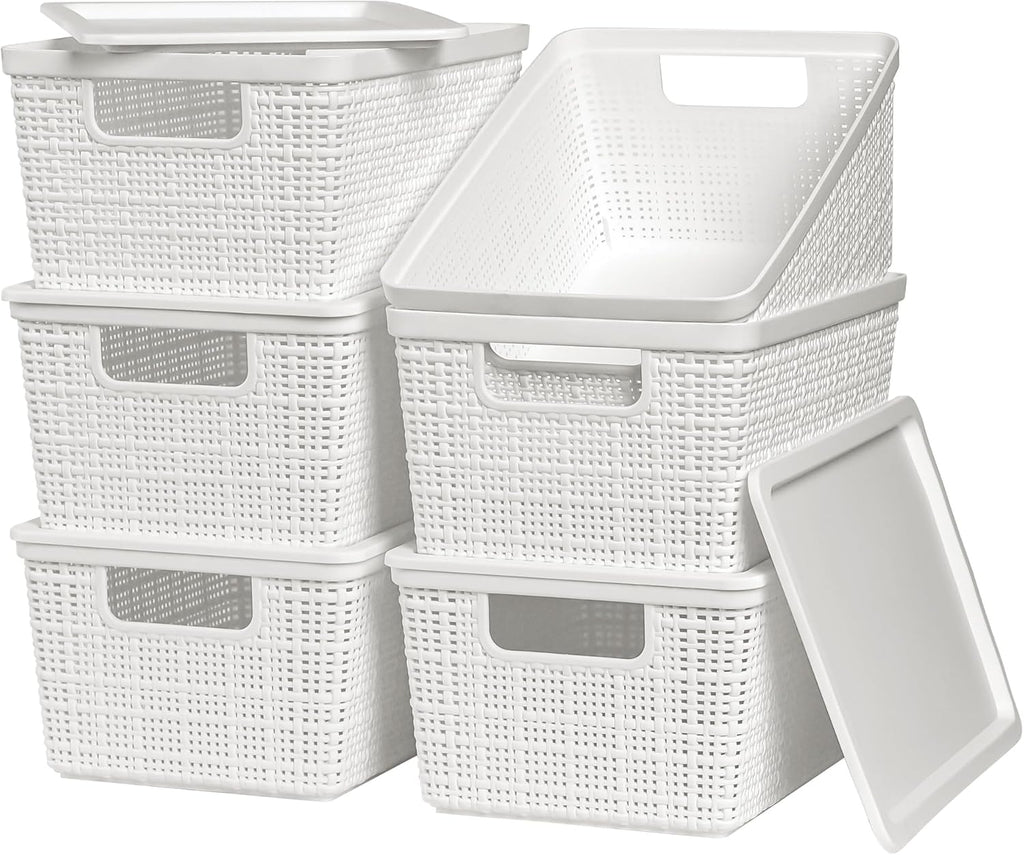 Plastic Storage Baskets by [Brand Name] - 6 Pack White Stackable Bins with Lids for Organizing Desktops & Closets