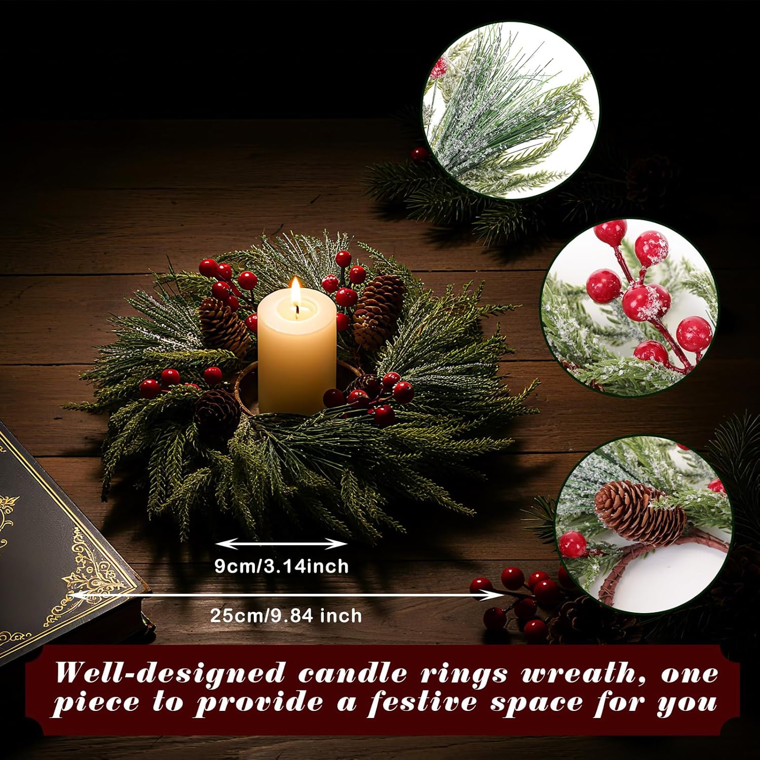 Suncalla Christmas Candle Rings - 8 Pcs Artificial Red Berry Wreaths for Festive Home Decor