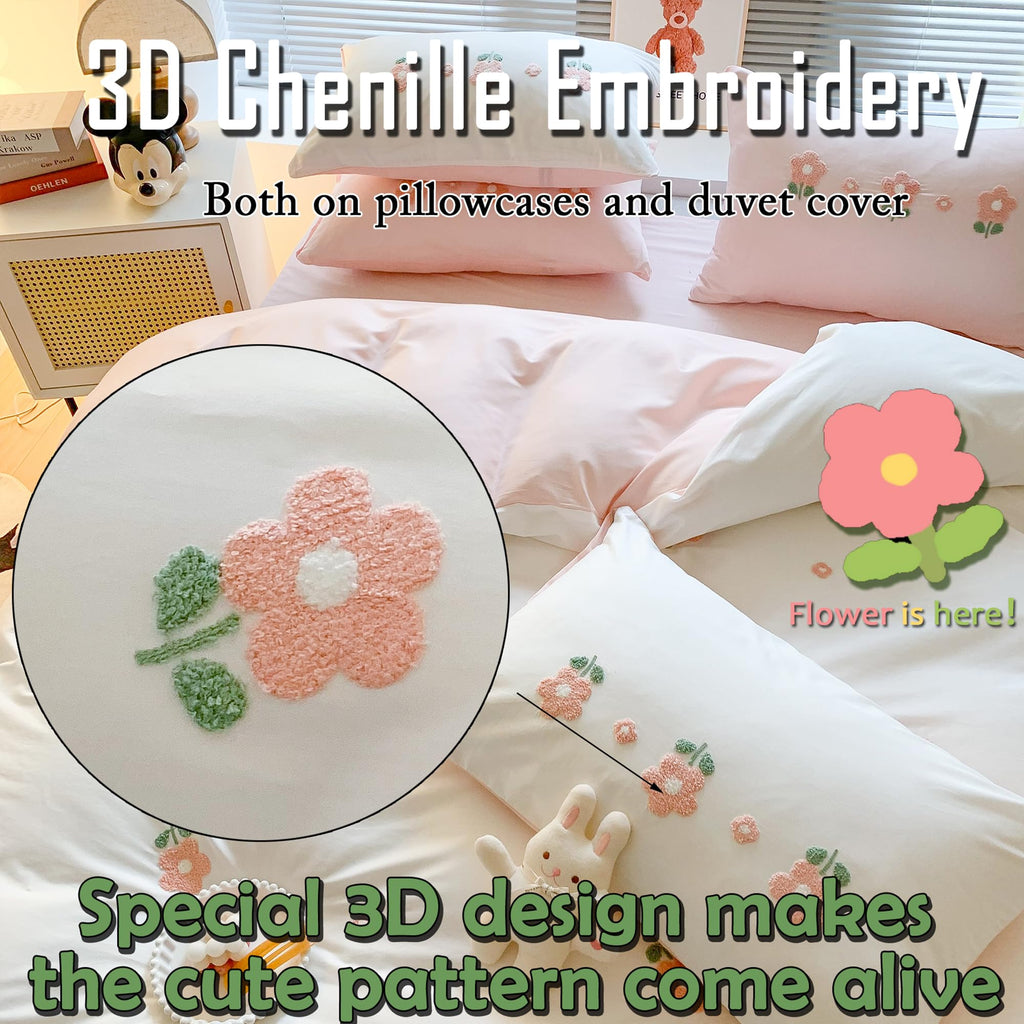 MorroMorn Cotton Duvet Cover Queen Size, 3D Embroidery Floral Bedding Sets, Fluffy Chenille Embroidered Comforter Covers Breathable for Girls Kids (Flowers White Full/Queen, Comforter Not Included)