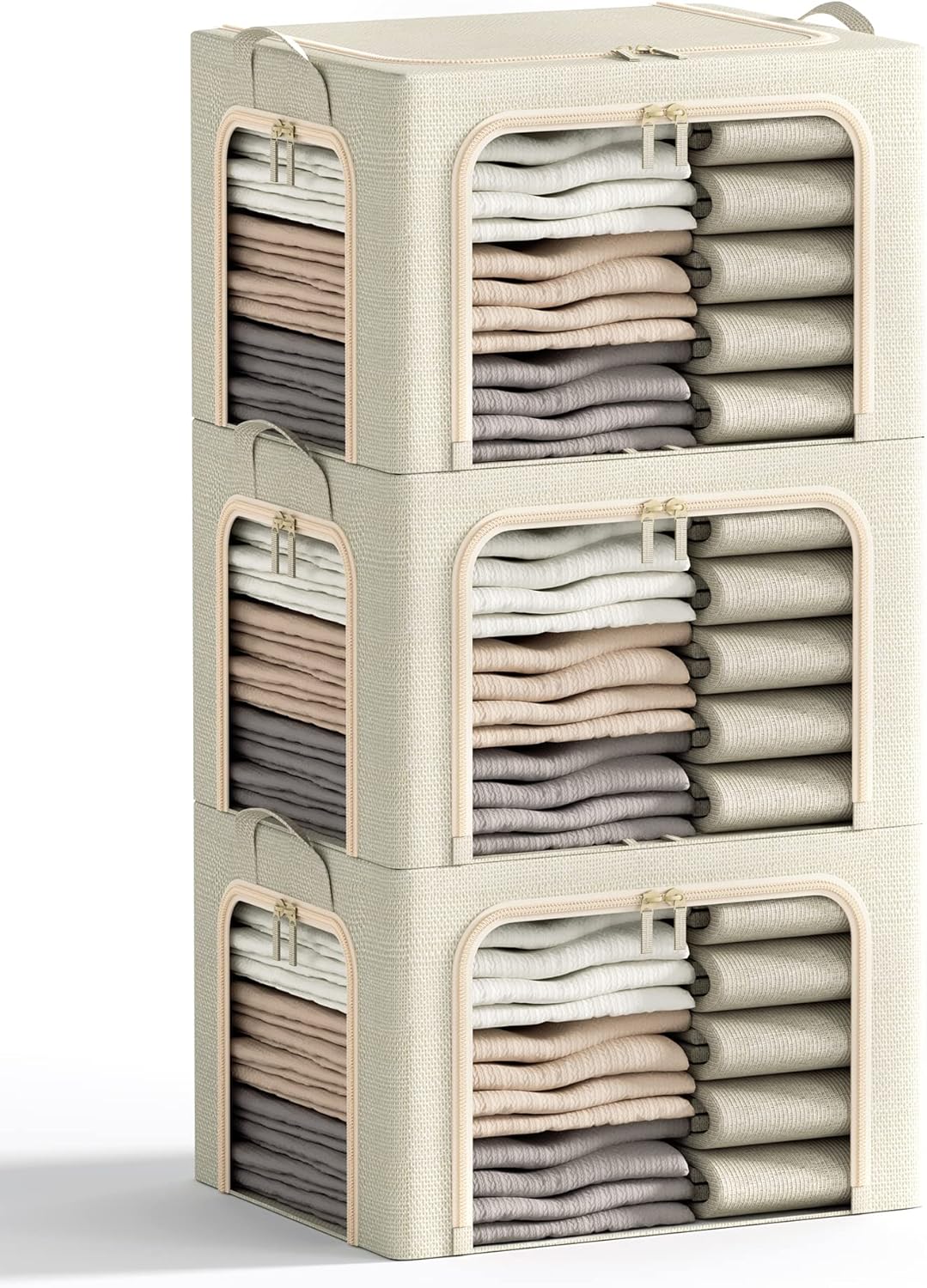 Skiennix Foldable Clothes Storage Bins - Durable 40L Linen Boxes with Clear Window & Zippers | 3-Pack Beige