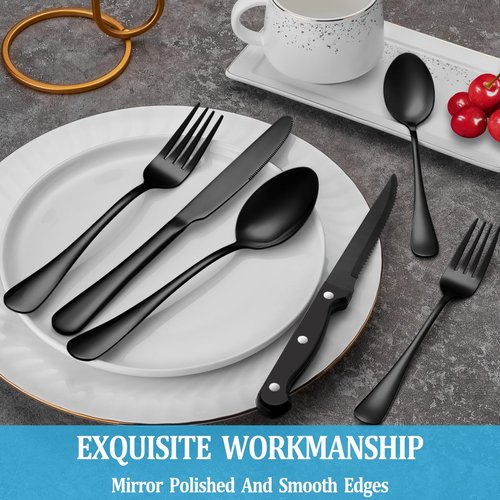 72 Pcs Black Silverware Set with Steak Knives, Stainless Steel Flatware Cutlery Set Service for 12, Kitchen Tableware Set, Utensil Set for Home and Restaurant, Knives Forks Spoon Set, Dishwasher Safe