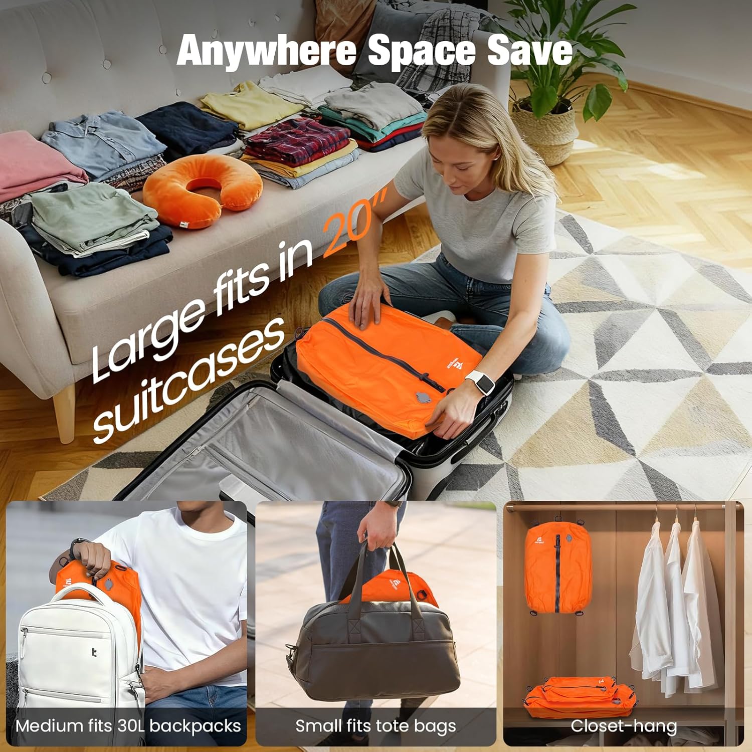 Skiennix Vacuum Bags for Travel - 3-Pack Reusable Compression Bags with Pump | Waterproof Space Saver in Orange