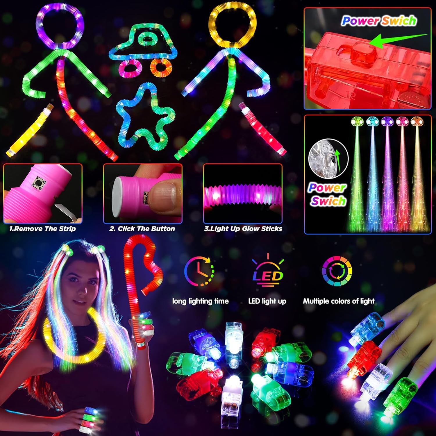 SHQDD Glow in the Dark Party Supplies - 100 LED Light Up Toys & 27 Carnival Accessories for Kids & Adults