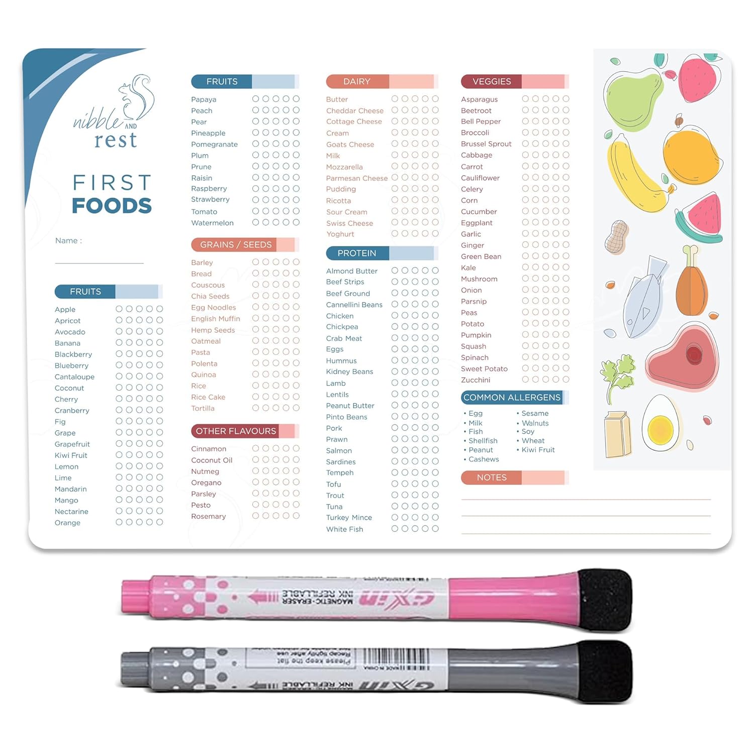 Nibble and Rest Baby's First Foods Tracker - Dry Erase Fridge Magnet & Activity Poster | 25x35cm