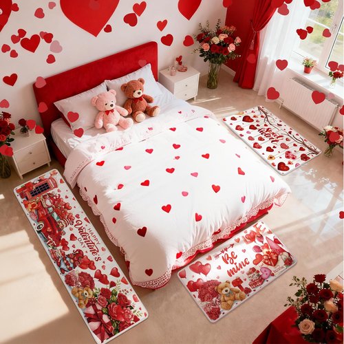 Drydiet 3 Pcs Valentine's Day Kitchen Rugs and Mats Set Love Heart Red Non Slip Rug Gnome Roses Waterproof Floor Mat for Romantic Valentines Kitchen Entrance Bar Office Home Bathroom Door Party Decor
