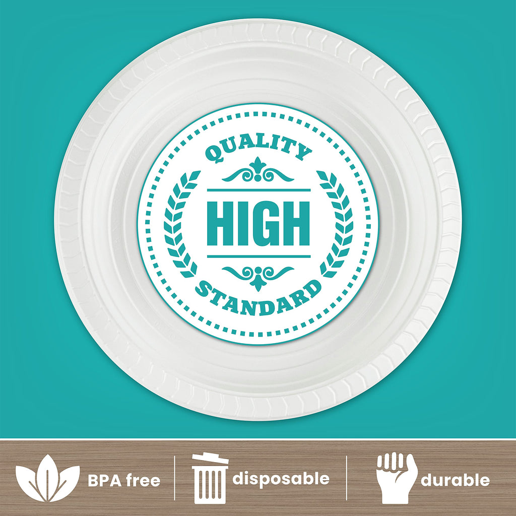 PLASTICPRO Round Plastic Plates And Bowls Microwaveable, Disposable, White, Dinnerware (800, 7'' Inch Plates)