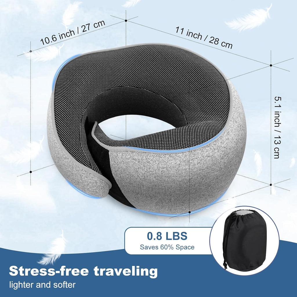 Memory Foam Travel Neck Pillow - Ergonomic 360° Head Support | Includes Eye Mask & Ear Plugs | Ultra Portable Gray Pillow for Flights & Cars