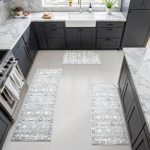 GRANNY SAYS Boho Kitchen Rug Sets of 3, Non Slip Washable Faux Wool Kitchen Mats for Floor, Thick Soft Anti-Fatigue Comfort Standing Mat Runner Rugs for Hallway Laundry Room, Grey