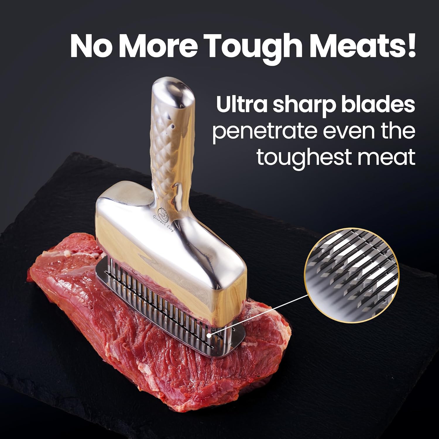 Meat Tenderizer Tool - Stainless Steel Blade with Extra Long Handle | Rustproof One-Piece Design