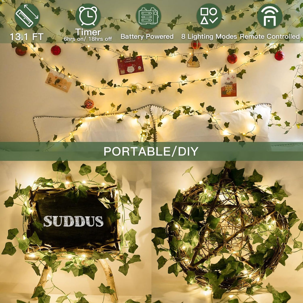 Suddus Ivy String Lights - 40 LED Fairy Lights with Remote | 13.1ft Battery Operated for Bedroom, Garden, Wedding Decor (Warm White)