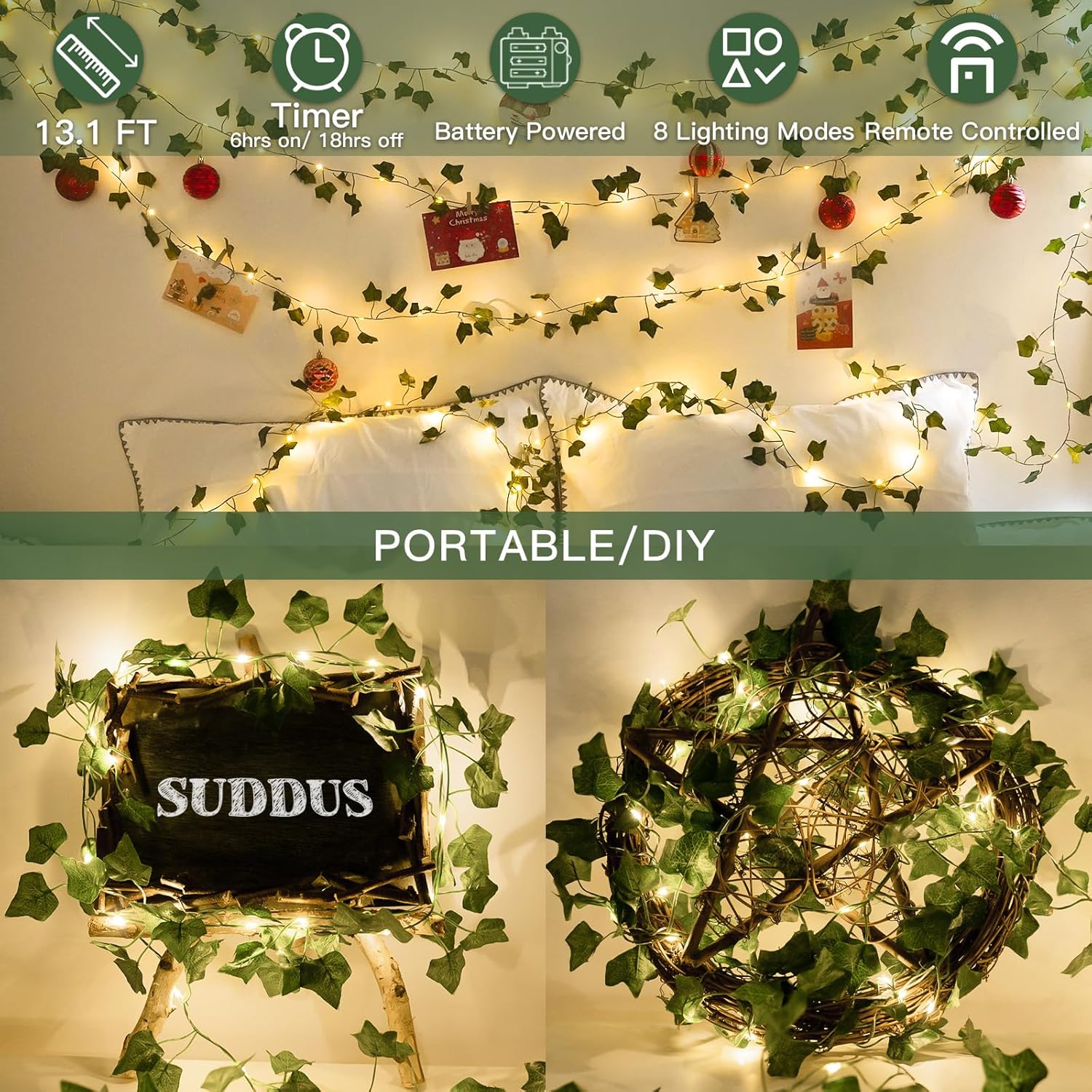 Suddus Ivy String Lights - 40 LED Fairy Lights with Remote | 13.1ft Battery Operated for Bedroom, Garden, Wedding Decor (Warm White)
