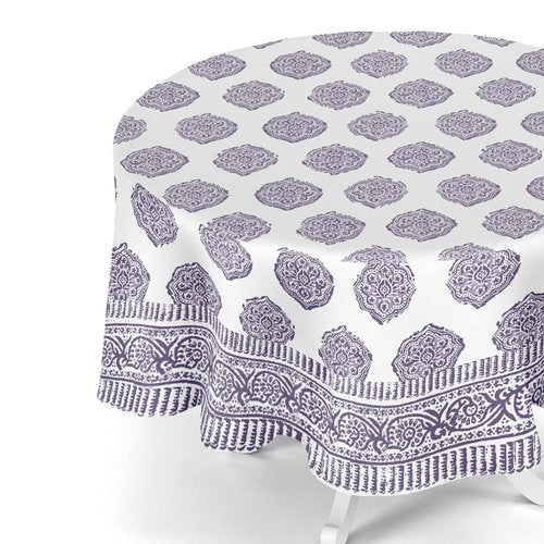 LOTUS MILLS 100% Organic Cotton Lavender Purple Paisley Medallion Table Cloth, Indian Block Print Table Linen for Dining, Parties, Wedding, Outdoors Home Decor | 72 INCH Round | 6-8 Seater