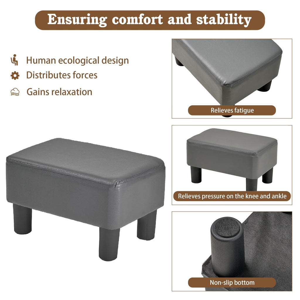VECELO Small Foot Stool Ottoman, PU Foot Rest with Legs, Rectangle Footrest for Living Room Couch, Gray