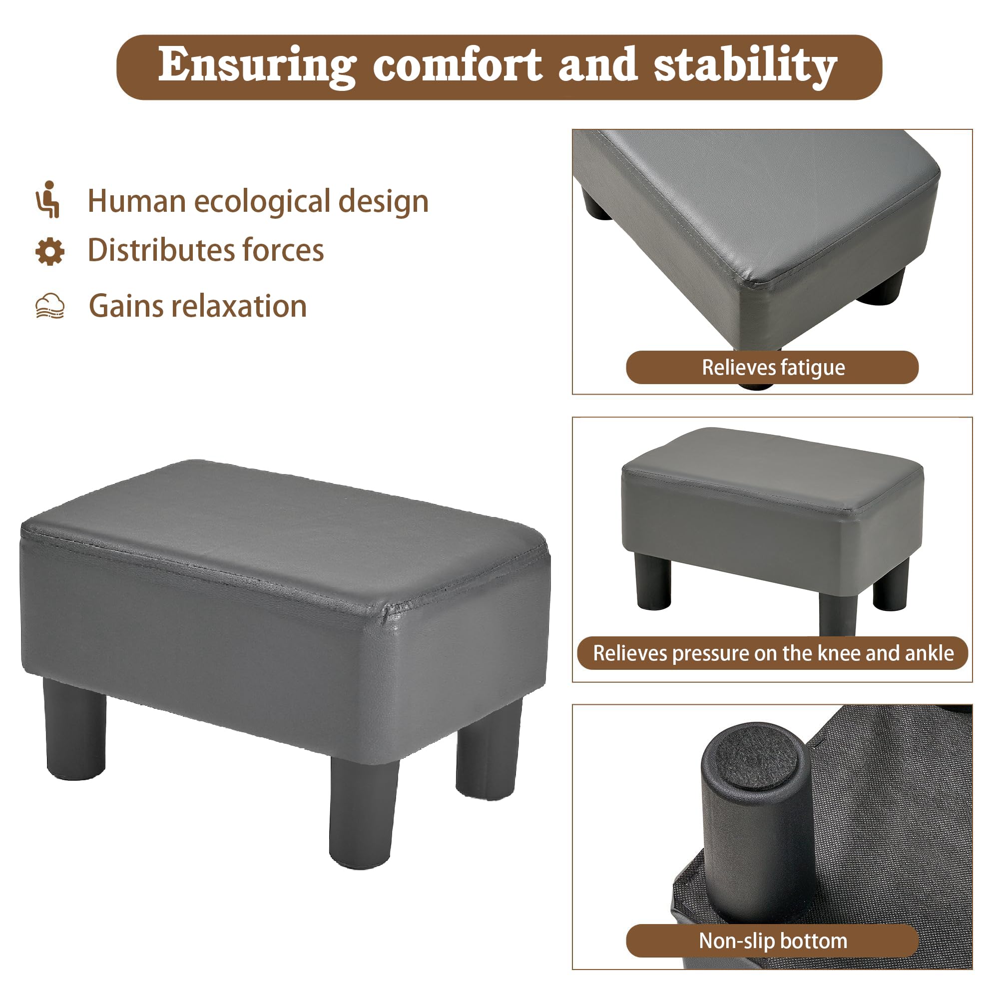 VECELO Small Foot Stool Ottoman, PU Foot Rest with Legs, Rectangle Footrest for Living Room Couch, Gray