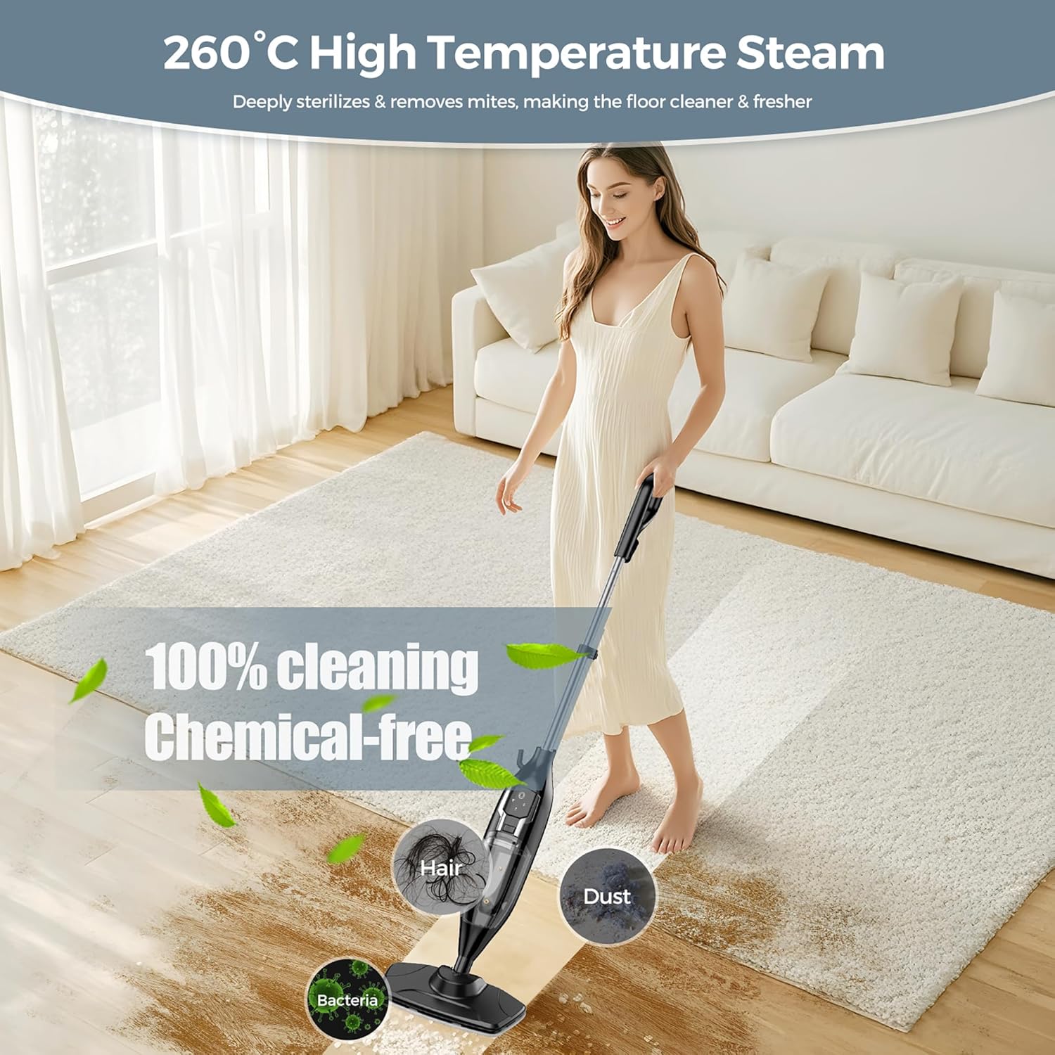 Skiennix 12-in-1 Steam Mop - Powerful Handheld Cleaner with 565ML Tank & 23FT Cable for Hardwood, Tile, Grout & Furniture