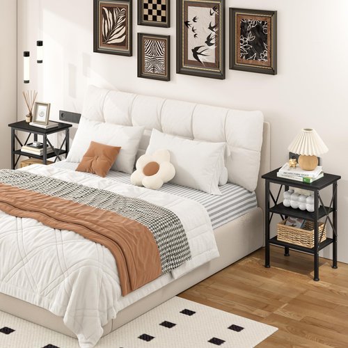 VECELO End Table, 24" Tall Living Room Side Tables, X-Design Reinforced Bedside Table, Nightstands with 3-Tier Storage Shelves for Small Spaces, Office, Bathroom, Bedroom, Classic Black, 1 Pack