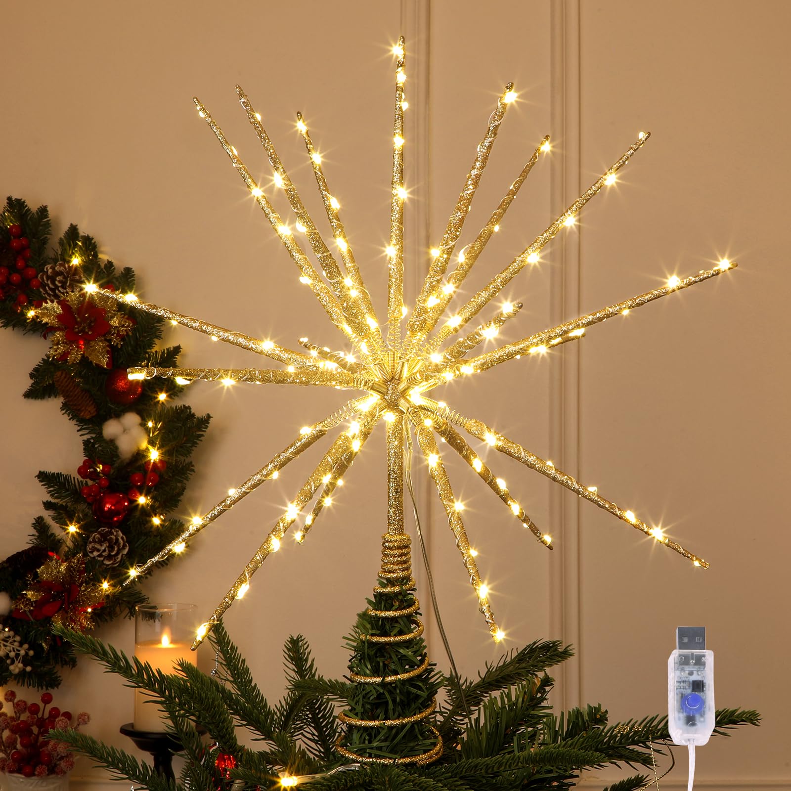 HMASYO 15 Inch Twinkling Starburst Christmas Tree Star Topper, 19-Point Gold Star Tree Topper with 150 LED, Remote Control & Timer, USB Power for Indoor Home Holiday Party Xmas Tree Decoration